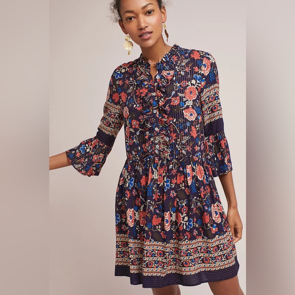 Anthropologie Eri + Ali Tiffany Metallic Floral Print Ruffle Shift Dress